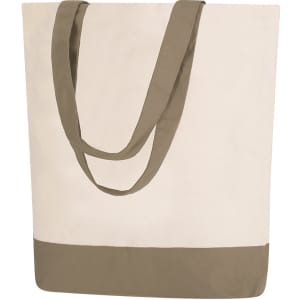 A tote bag featuring a cream body with a taupe bottom and matching straps. It has a logo on the side.