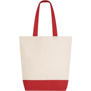 A tote bag with a cream body and red bottom, featuring long red handles and a logo.