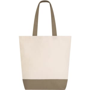 A tote bag in cream with a khaki bottom and matching handles, featuring a logo on the front.