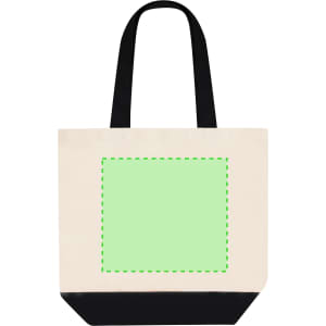 A cream and black tote bag featuring a green outline on one side. It has sturdy black handles and a simple design.