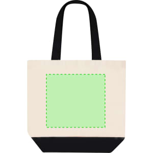 A tote bag with a cream body, black bottom, and a green highlighted area for customization. It features a logo.