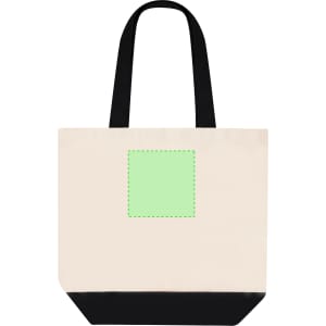 A cream tote bag with a black bottom and handles, featuring a square area for branding or design.