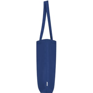 A navy blue tote bag with long handles and a simple design. It features a logo on the side.