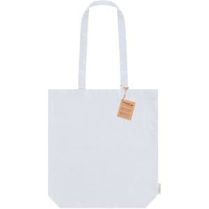 A light grey tote bag with two straps and a tag, featuring a simple design and a logo.
