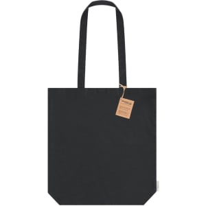 A black tote bag with long handles and a simple design, featuring a tag attached.
