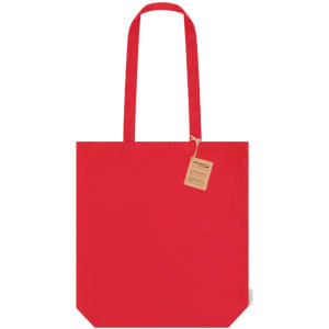 A red tote bag with sturdy handles and a tag attached, featuring a simple and clean design.