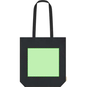A black tote bag featuring a large square section in light green. It has two shoulder straps and a logo.