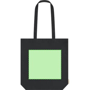 A black tote bag featuring a large green square design and equipped with two shoulder straps.