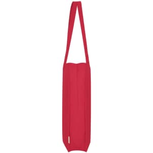 A red tote bag with a single long strap and a simple design, featuring a logo.