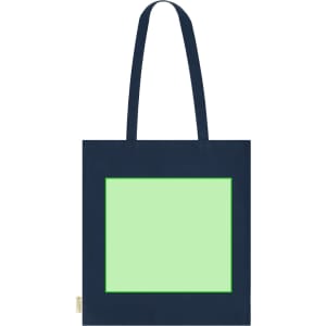 A navy tote bag with a large light green square pattern in the centre and two shoulder straps. It has a logo.