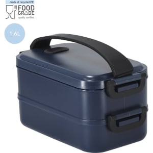 A navy blue Curibox lunch box with a black handle and two compartments, featuring a logo. Made of recycled material.