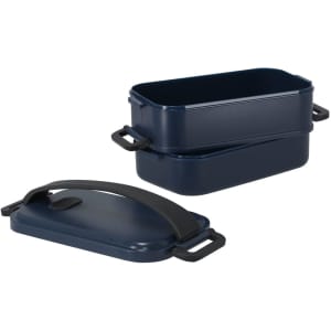 A navy blue lunch box with two stackable containers and a black handle. It features side handles for easy transport.