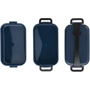 A navy blue lunch box with a sleek design, featuring a black strap and handles for easy carrying.