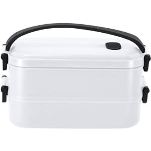 A white two-tier lunch box with a black handle, featuring clips on the sides and a sleek design.