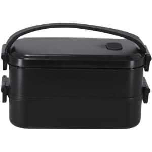A black lunch box with a handle and secure clips, featuring a two-tier design. It has a minimalist aesthetic.