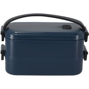 A navy blue lunch box with two compartments and a black handle, featuring clips on the sides and a small lid.