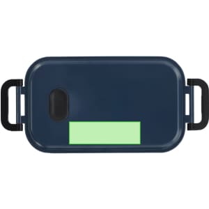 A navy lunch box with two black handles and a transparent window. It features a branding logo.