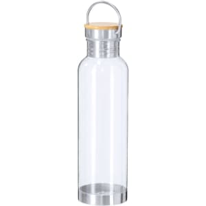 A drink bottle made of clear glass with a silver base and a wooden lid. It features a handle and a logo.