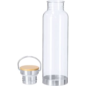 A drink bottle made of clear glass with a silver base and a wooden cap. It features a metal handle on the cap.