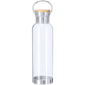 A drink bottle made of clear glass with a stainless steel base and a wooden lid. Features a metal handle.