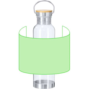 A drink bottle with a clear body, silver base, and wooden lid, featuring a logo. Designed for stylish hydration.