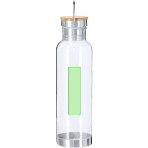 A drink bottle made of clear glass, featuring a bamboo lid and a silver base, with a green label on the side.