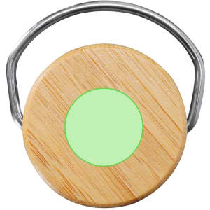A drink bottle with a wooden lid, featuring a green circular design and a metal handle.