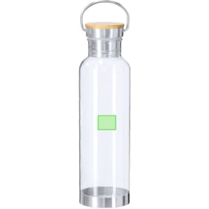 A drink bottle made of clear glass with a stainless steel base and a wooden lid, featuring a green branding area.