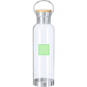 A drink bottle made of clear glass with a bamboo lid and metal base, featuring a blank area for branding.