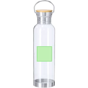 A drink bottle with a clear glass body, a wooden lid, and a silver base. It features a green square area.