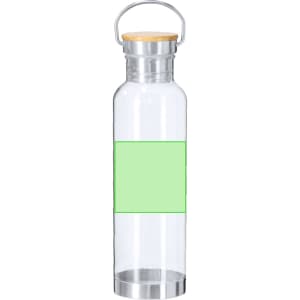 A drink bottle with a clear body, a green label, and a silver lid with a wooden top. It features a handle for carrying.