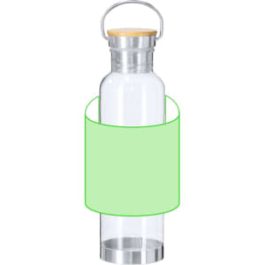 A drink bottle featuring a clear glass body, a wooden lid, and a metal base, with a green sleeve.