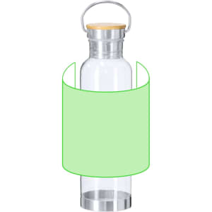 A drink bottle made of clear glass with a silver base and wooden cap, featuring a green sleeve.