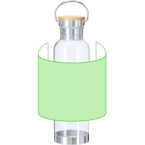 A drink bottle with a transparent glass body, metal lid, and a wooden accent, featuring a green label.