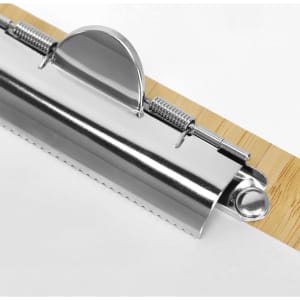 A metallic clipboard with a silver clip and a wooden base, featuring a circular hanging hole.