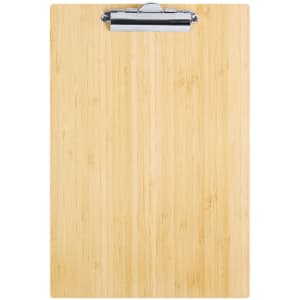 A bamboo clipboard with a metallic clip, featuring a smooth and natural wooden surface.