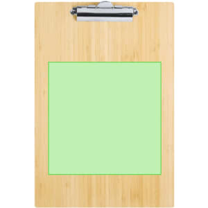 A bamboo clipboard with a metal clip and a light green writing surface. Features a smooth wooden finish.