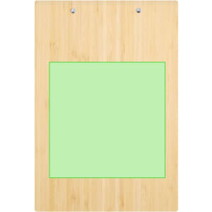 A bamboo clipboard with a green notepad section. It features two metal clips at the top.