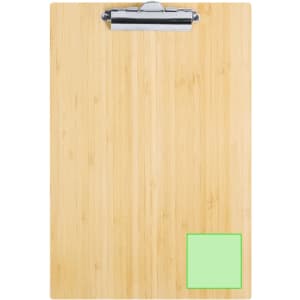 A bamboo clipboard with a metal clip at the top and a small green square at the bottom right corner.