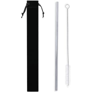 A stainless steel straw in silver, accompanied by a cleaning brush and packaged in a black pouch.