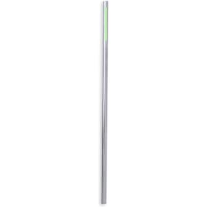 A stainless steel drinking straw in silver with a light green accent, featuring a logo.
