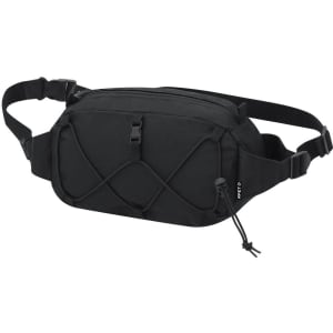 A black bum bag with a front zip pocket and adjustable straps, featuring a logo and decorative cord details.
