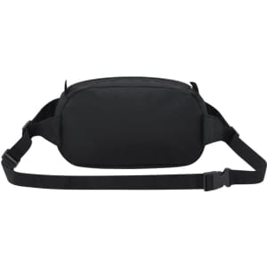 A black bum bag with an adjustable strap and a main zippered compartment, featuring a simple design and no visible branding.