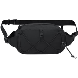 A black waistbag featuring adjustable straps and a front cord design, with a logo on the side.