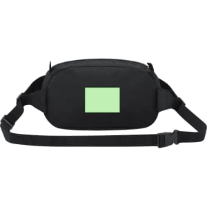 A compact black waistbag with an adjustable strap and a light green branding area. Features a sleek design for everyday use.