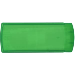 A green first aid kit with a smooth surface and rounded edges, featuring a plastic casing.