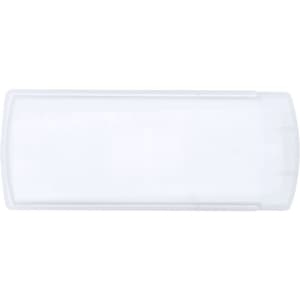 A clear, rectangular first aid kit container with a hinged lid and a smooth surface. It has a branding logo.