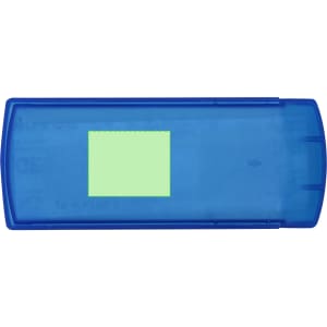 A blue rectangular case with a clear lid, containing various first aid plasters. The case has a logo.
