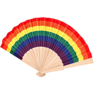 A colourful hand fan featuring a rainbow pattern with red, orange, yellow, green, blue, and purple stripes.