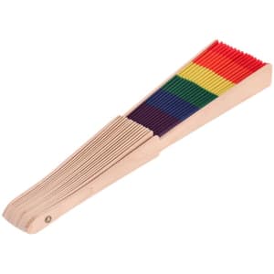 A wooden hand fan with multi-coloured ribs in red, purple, blue, green, yellow, and orange. It features a simple design.